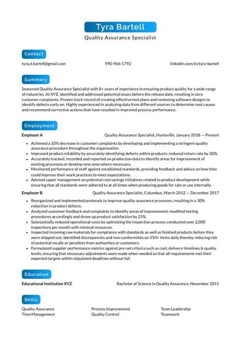 Quality Assurance Specialist Resume Cv Example And Writing Guide