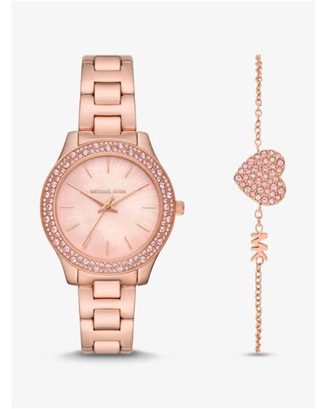 Michael Kors Liliane Pavé Rose Gold tone Watch And Bracelet Gift Set in