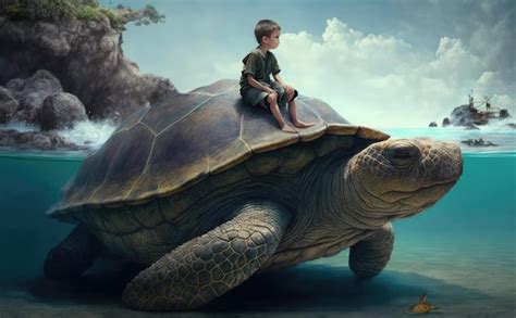 Premium Photo A Boy Riding A Turtle On The Beach