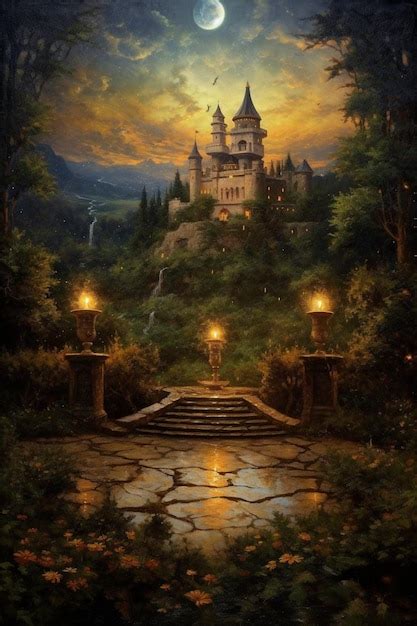 Premium AI Image | A painting of a castle with a waterfall in the ...