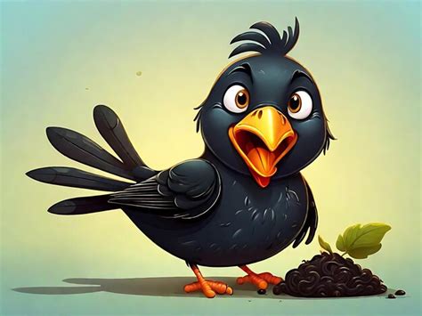 Premium AI Image Black Bird Eating Worm In Cartoon Style