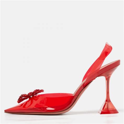 Amina Muaddi Red Pvc Rosie Crystal Embellished Bow Slingback Pumps Size