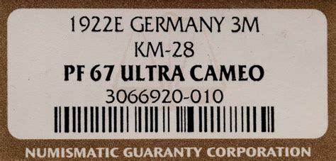 Niemcy Weimar 3 Marki 1922 E Stempel Lustrzany NGC PF67 ULTRA CAMEO