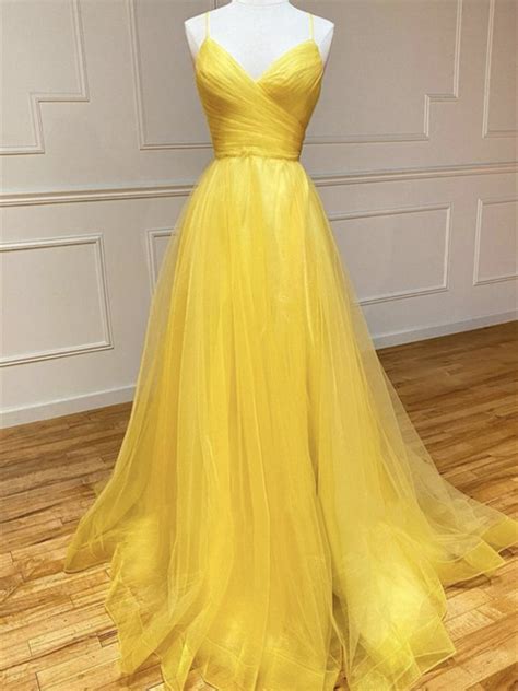 A Line V Neck Backless Yellow Long Prom Dresses Open Back Yellow Long