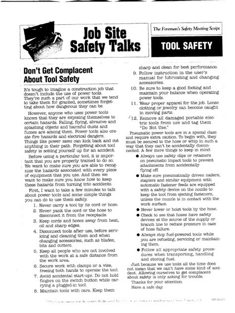 Tool Safety Toolbox Talk Pdf Occupational Safety And Health Administration Occupational