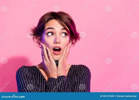 Photo Of Shocked Impressed Lady Wear Glamour Outfit Arms Cheeks Looking