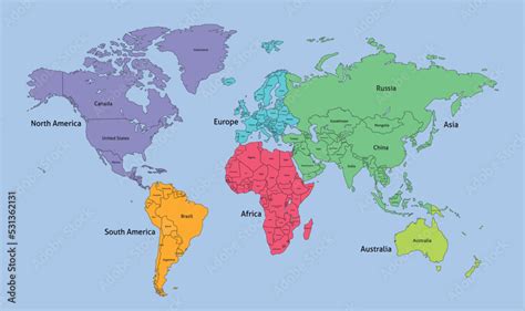 World Map Divided Into Six Continents With Country Names. Each ...