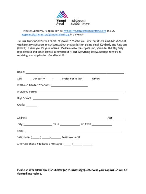 Fillable Online Mount Sinai S P E E K Peer Educator Application Fax