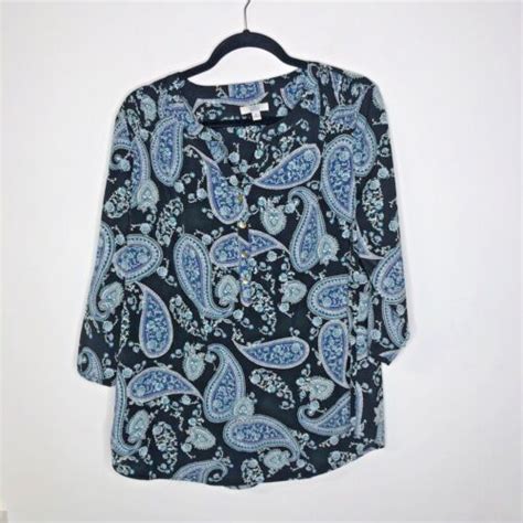 Croft Barrow Women S Tunic Blouse Popover Damask Paisley Black Blue