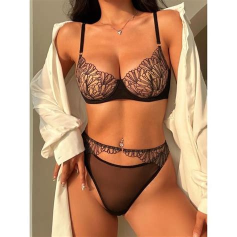 Ensemble Lingerie Femme Ultra Mince Sexy Avec Anneau En Acier Dentelle La Mode Noir Cn