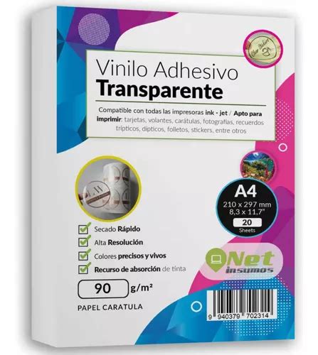 Papel Vinilo Adhesivo A4 20h Transparente Imprimible Cuotas sin interés