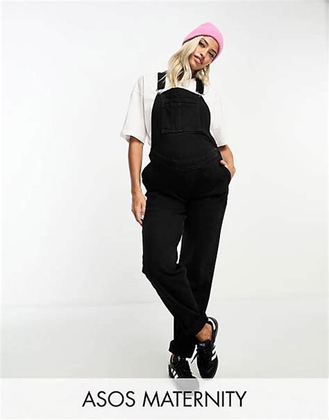 Asos Design Maternity Denim Overalls In Washed Black Asos