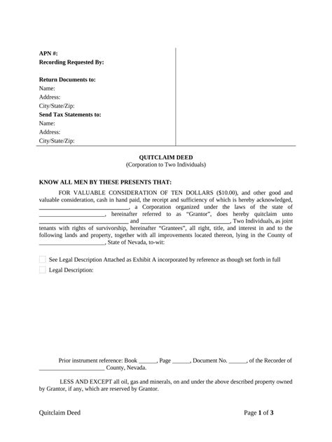 Quitclaim Deed From Corporation To Two Individuals Nevada Fill Out