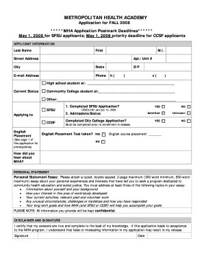 Fillable Online Sfsu Metropolitan Health Academy Mha Application