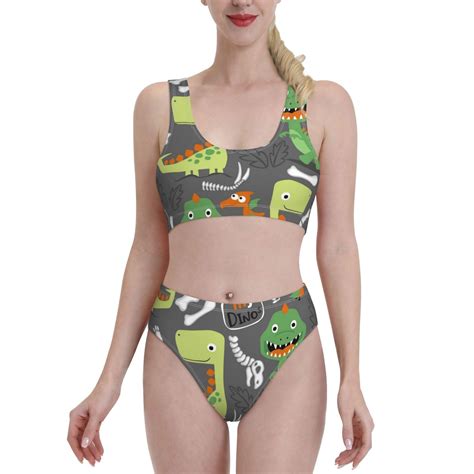 Haiem Cartoon Dinosaurs Women S High Waisted Bikini Set Two Piece