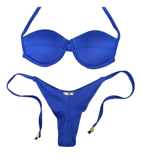 Bikini Meia Ta A Amarra O Na Calcinha Fio Duplo Canelado Azul M Mercadolivre