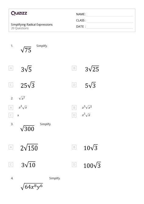 50 Radical Expressions Worksheets For 9th Grade On Quizizz Free