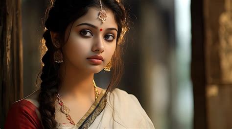 Premium AI Image | beautiful young bengali girl in white saree clothes with sad emotional crying ...