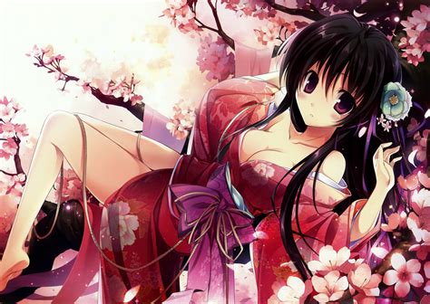 Wallpaper 3681x2614 Px Black Blossoms Cherry Cleavage Clothes