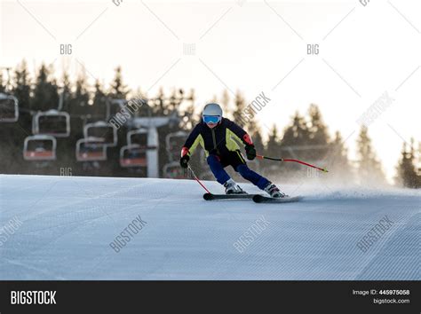 Skier Skiing Downhill Image And Photo Free Trial Bigstock