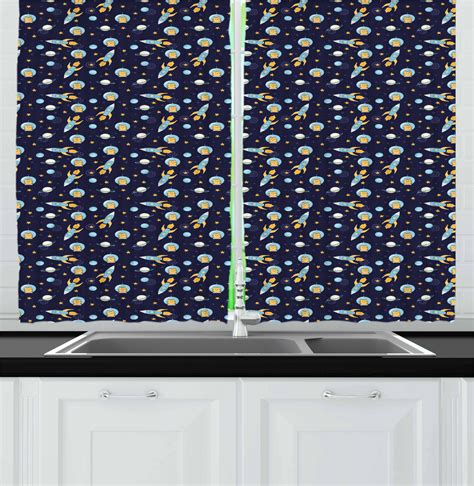 Kids Curtains 2 Panels Set, Cosmonaut Cat Flying to Outer Space Rockets Science Fiction Kitty ...