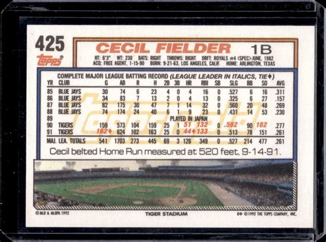 1992 Topps Cecil Fielder Gold Winners 425 Detroit Tigers EBay