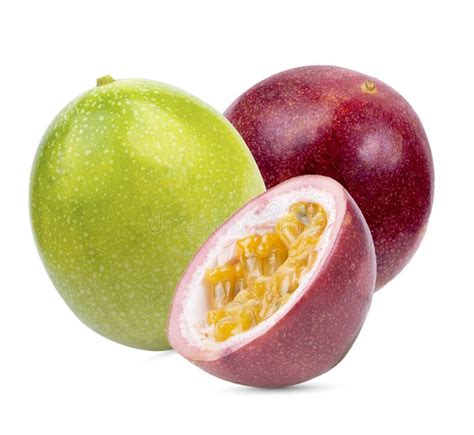 Purple Passion Fruit Cut In Half And Yellow Passion Fruit Isolated On