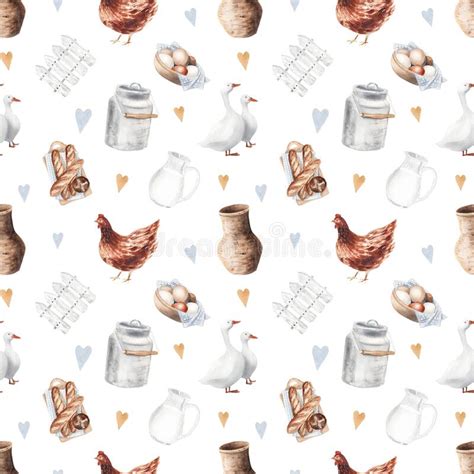 Watercolor Hand Drawn Rural Seamless Pattern With Hen Goose And Eggs