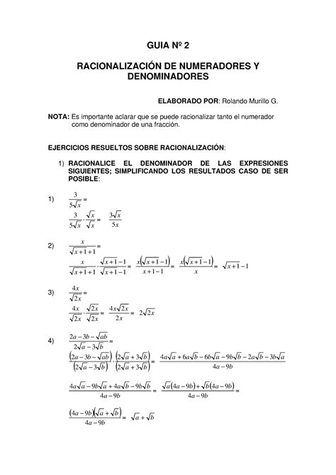 Racionalizacion Repaso Guia N Racionalizaci N De Numeradores Y