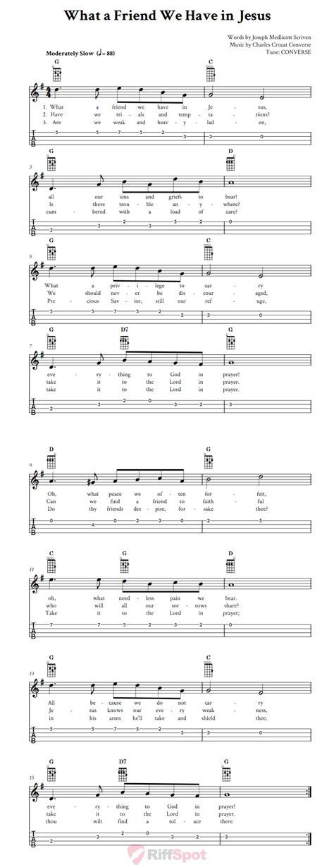 What a Friend We Have in Jesus: Chords, Sheet Music and Tab for Ukulele with Lyrics