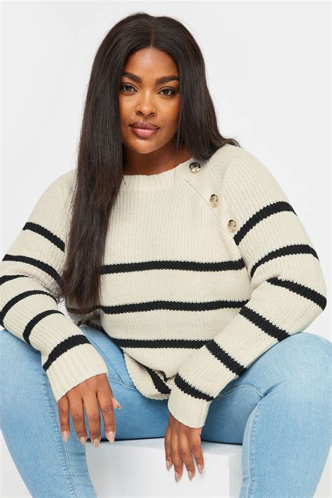 Yours Plus Size Ivory White Stripe Button Detail Jumper Yours Clothing