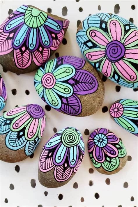 super colorful flower painted rocks  inspiration