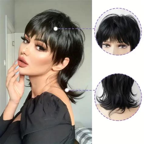 Womens 14 Black Mullet Wig Bangs Human Hair Short Pixie Cut Temu