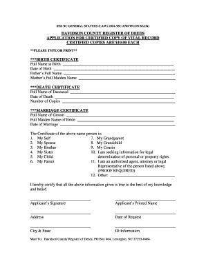 Fillable Online Co Davidson Nc Vital Records Request Form Davidson