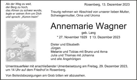 Traueranzeigen Von Annemarie Wagner Schwaebische De Trauerportal