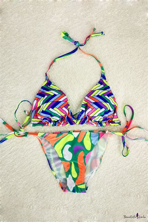Chic Color Block Striped Printed Halter Neck Triangle Top String Bottom Bikini Swimwear