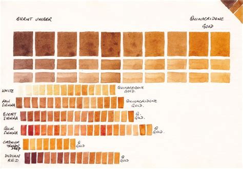 Watercolour Mixing Chart Quinacridone Gold Burnt Umber White Raw Sienna Burnt Sienna