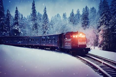 Bosque De Invierno Con Pinos Cubiertos De Nieve Paseos En Tren Sobre