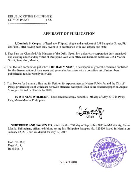 Affidavit Of Publication With Notice Of Hearing REPUBLIC OF THE