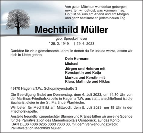 Traueranzeigen von Mechthild Müller noz Trauerportal