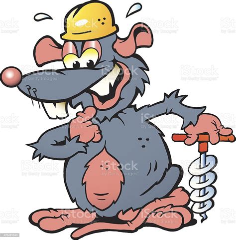 Handdrawn Vector Illustration Of An Smiling Rat Holding A Drill Stock Illustration Download