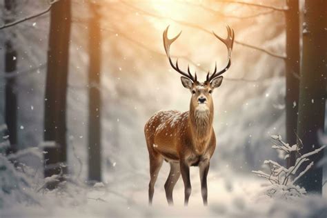 Fallow deer in winter forest. Beautiful animal in snowy forest, Noble ...