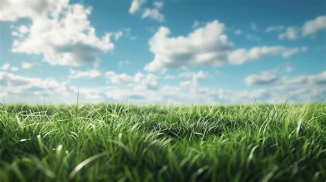 Fresh Green Grass Field Under Blue Sky With Clouds In The Background Premium Ai Generated Image