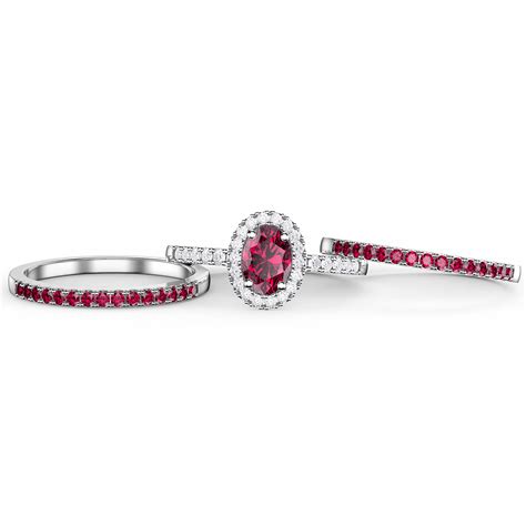 Eternity Ruby Oval Halo 18k White Gold Engagement Ring Set 2r Jian