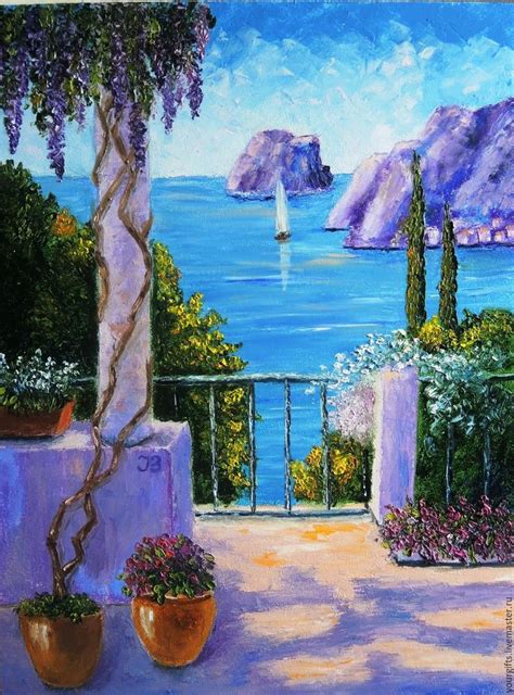 Terrace by the sea Oil painting Mediterranean купить на Ярмарке