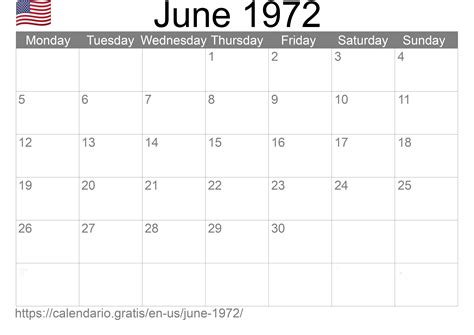 Calendar June 1972 From United States Of America In English ☑️