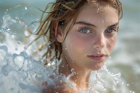 Premium Photo Young Woman With Sparkling Blue Eyes Emerges From Crystal Clear Water Drops