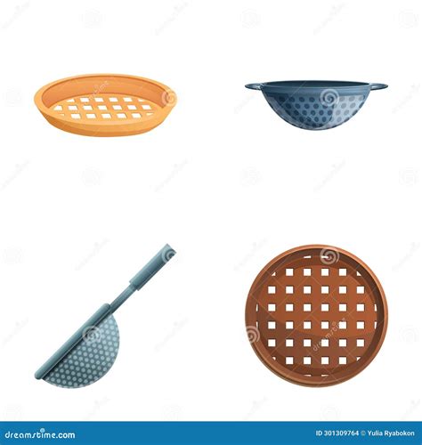 Various Sieve Icons Set Cartoon Vector Wooden And Metal Sieve Stock