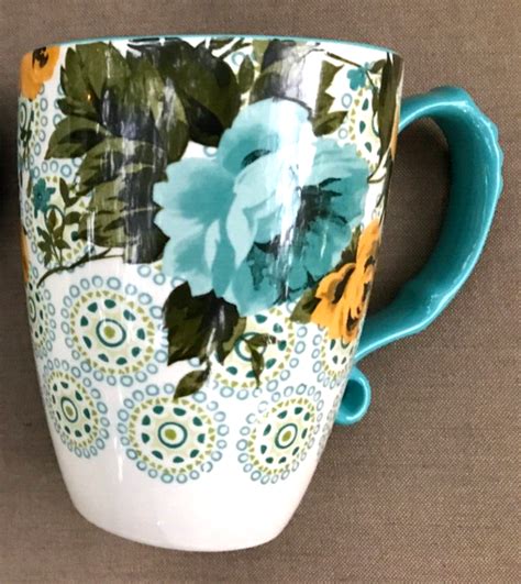 Set Of 2 Pioneer Woman Rose Shadow Jumbo Latte Coffee Mug Turquoise Yellow Roses Ebay