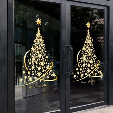 Adhesivos dorados para ventana de árbol de Navidad para vidrio gran